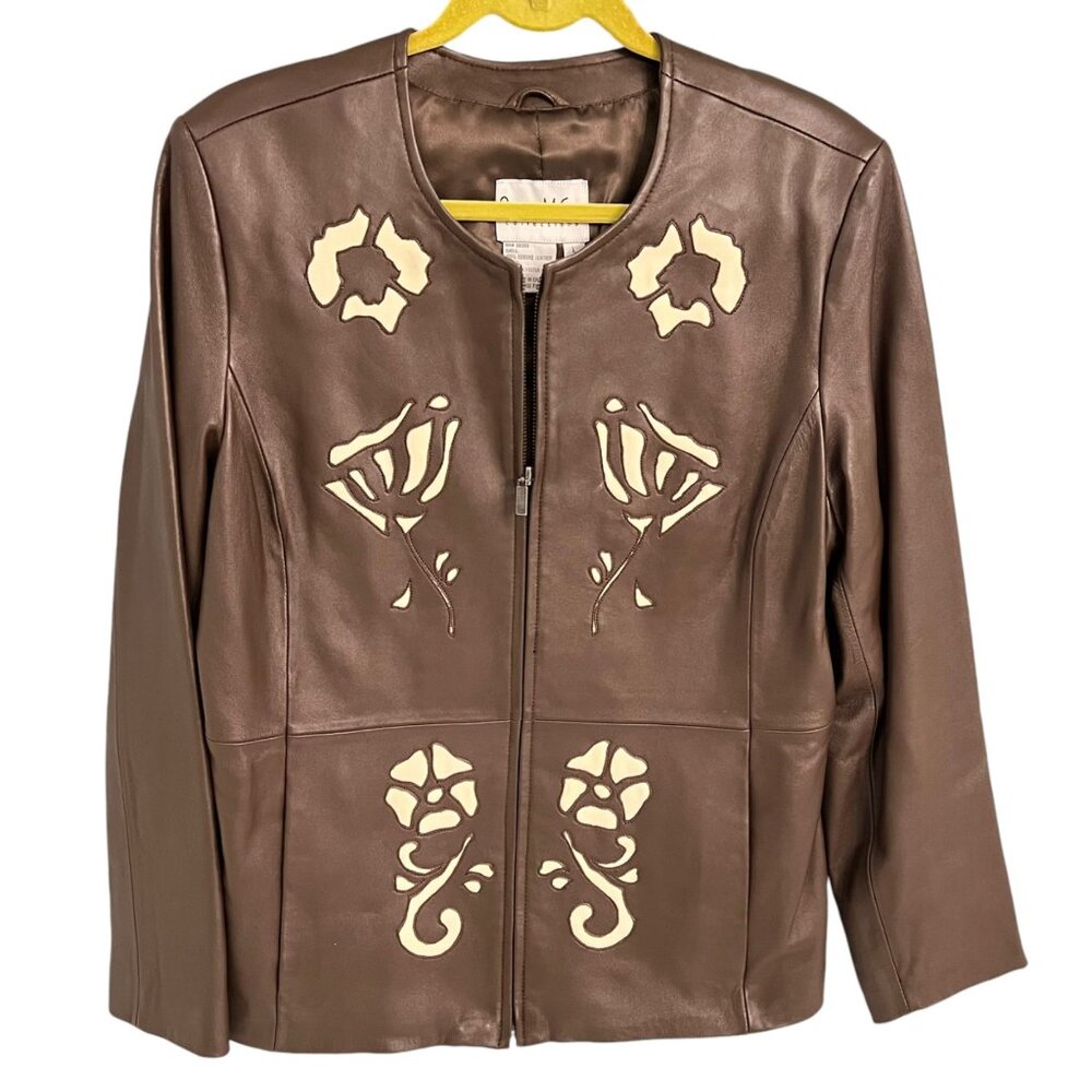 Pamela McCoy Womens Large Genuine Leather Jacket With Floral Cutout Design